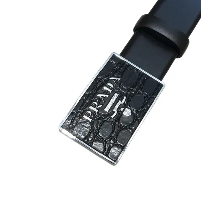 Prada Men' s Square Buckle Belt In Black Calfskin With Gold/Silver Hardware 35mm