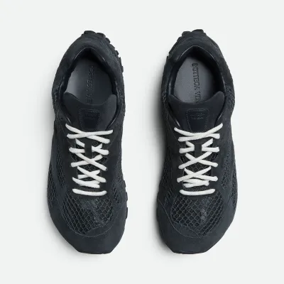 Bottega Veneta Orbit Flash Sneakers In Dark Blue Weathered Suede Leather And Mesh Lace-Up Sneaker