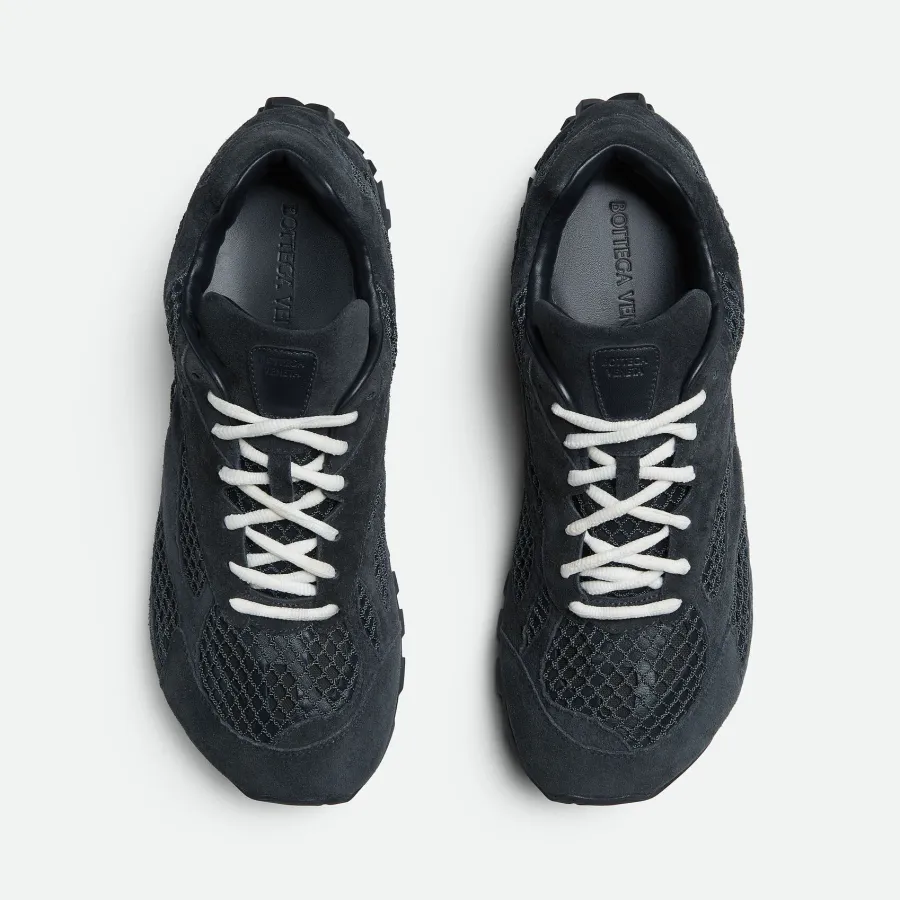 Bottega Veneta Orbit Flash Sneakers In Dark Blue Weathered Suede Leather And Mesh Lace-Up Sneaker