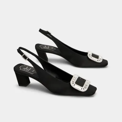 Roger Vivier Belle Viver Slingback Pumps High Heels In Black Satin With Crystal Buckle (Heel Height 4.5cm)