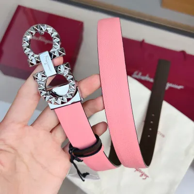 Ferragamo Women's Double Gancini Reversible Belt In Blue/Pink/Red/Purple/Black/Brown/White/Navy Blue Calfskin With Gold/Silver Hardware 25mm