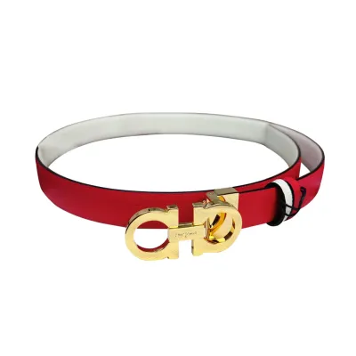 Ferragamo Women's Double Gancini Reversible Belt In Blue/Pink/Red/Purple/Black/Brown/White/Navy Blue Calfskin With Gold/Silver Hardware 25mm