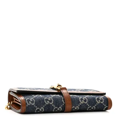 Gucci Small Jackie 1961 Chain Wallet Blue Tea Calfskin Leather & GG Monogram New Denim Gold Hardware