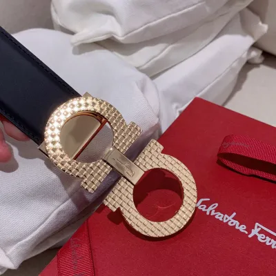 Ferragamo Men's Double Gancini Buckle Reversible Belt In Black Grained Calfskin With Gold/Silver Hardware 35mm