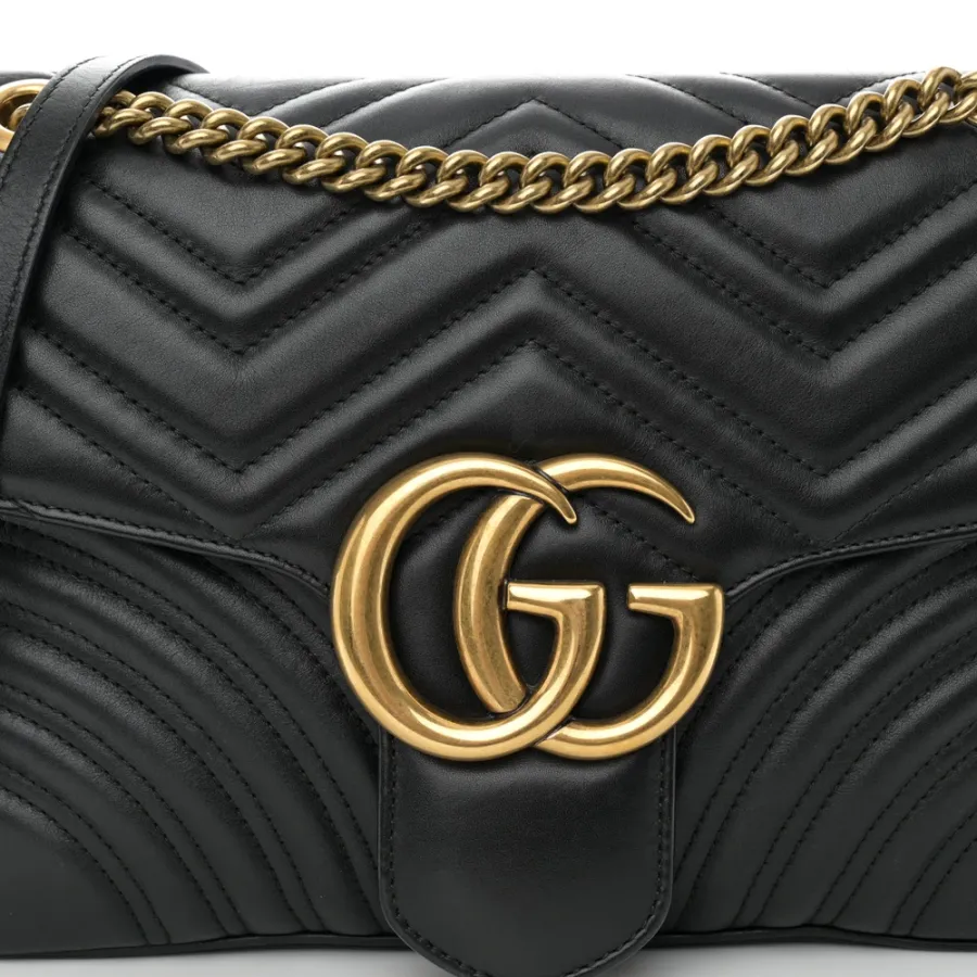 Gucci Medium GG Marmont Shoulder Bag Black Calfskin Matelassé Leather Antique Gold Hardware