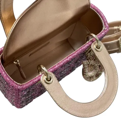 Dior Small Lady Dior Bag Metallic/Blue/Grey Lambskin and Rose des Vents/Dark Blue/Light Grey Satin Embroidered with Beads Gold Hardware