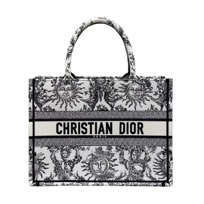 Dior Medium Dior Book Tote White Black/Navy Blue Soleil Embroidered Canvas