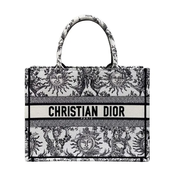 Dior Medium Dior Book Tote White Black/Navy Blue Soleil Embroidered Canvas