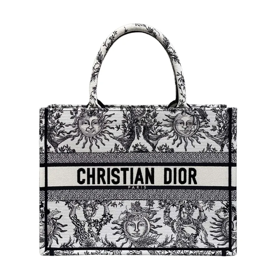 Dior Medium Dior Book Tote White Black/Navy Blue Soleil Embroidered Canvas