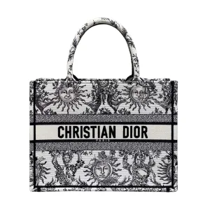 Dior Medium Dior Book Tote White Black/Navy Blue Soleil Embroidered Canvas