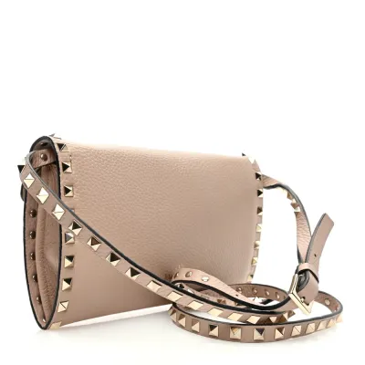 Valentino Garavani Medium Rockstud Flip Lock Shoulder Bag Poudre Pebbled Calfskin Leather