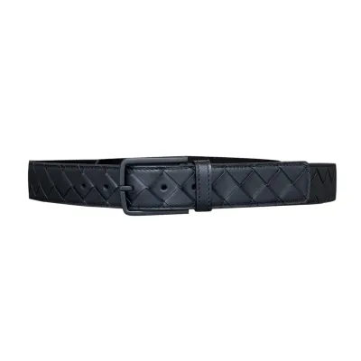Bottega Veneta Men's Square Buckle Intrecciato Belt In Black/Coffee/Blue/Grey Calfskin With Black Hardware 35mm