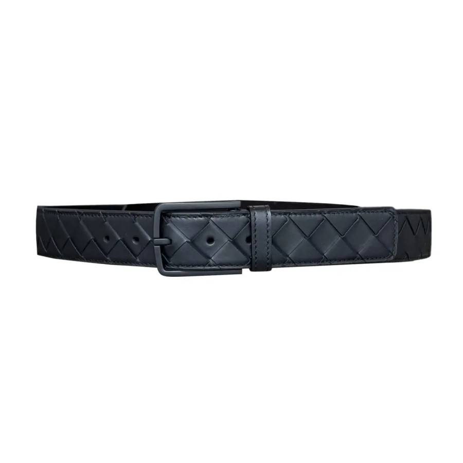 Bottega Veneta Men's Square Buckle Intrecciato Belt In Black/Coffee/Blue/Grey Calfskin With Black Hardware 35mm