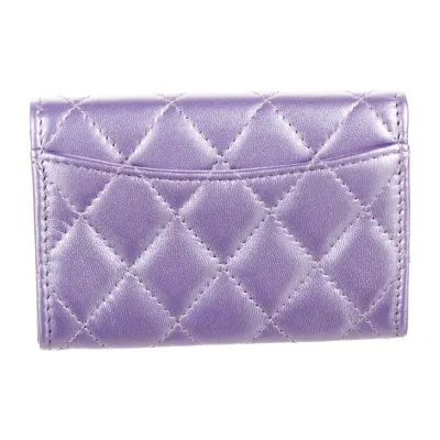 Chanel Small Interlocking CC Logo Card Holder Metallic Purple Calfskin Leather Silver Hardware