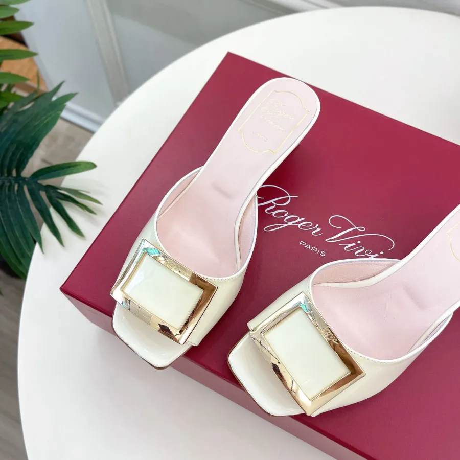 Roger Vivier Trompette Mules High Heels In White/Black/Beige/Pink Patent Leather With Metal Buckle (Heel Height 4.5cm)
