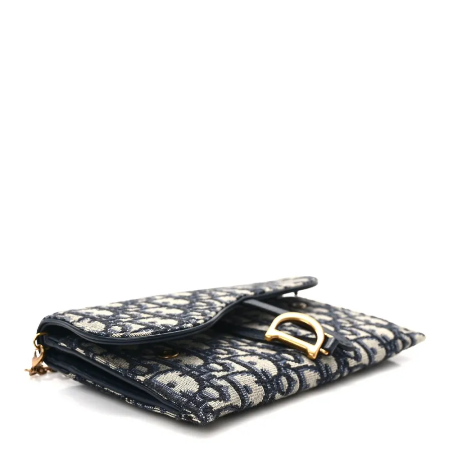 Dior Mini Saddle Chain Long Wallet Blue Oblique Canvas Gold Hardware