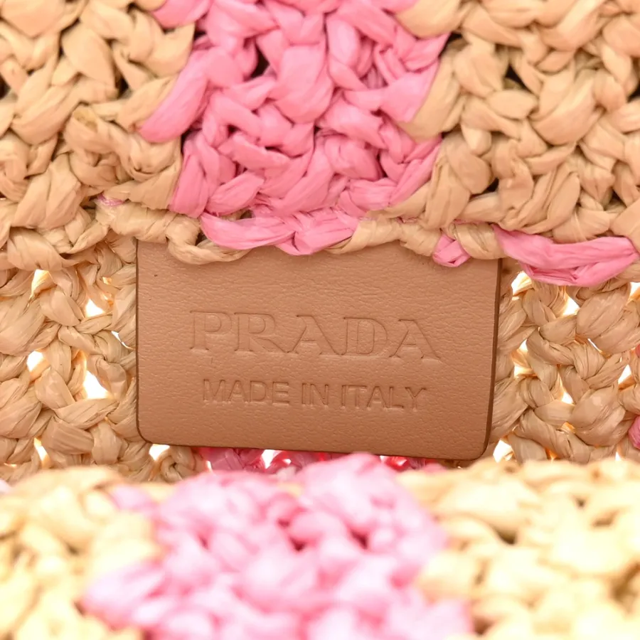 Prada Small Effect Crochet Striped Logo Tote Naturale/Petalo Yarn Raffia