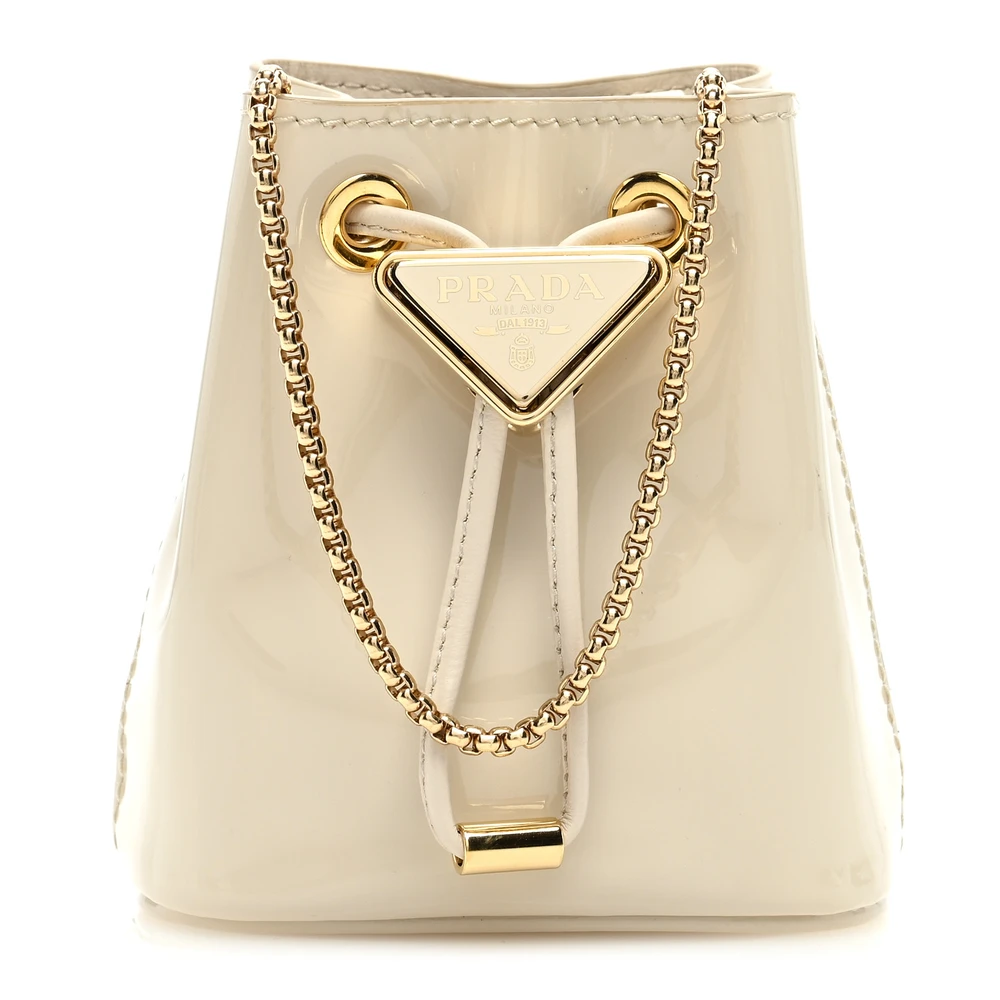 Prada Mini Metal Triangle Logo Drawcord Pouch Shoulder Bag Avorio Vernice Leather Gold Hardware