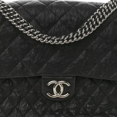 Chanel Chain Around Flap Maxi Black Quilted Washed Lambskin Leather Silver Hardware