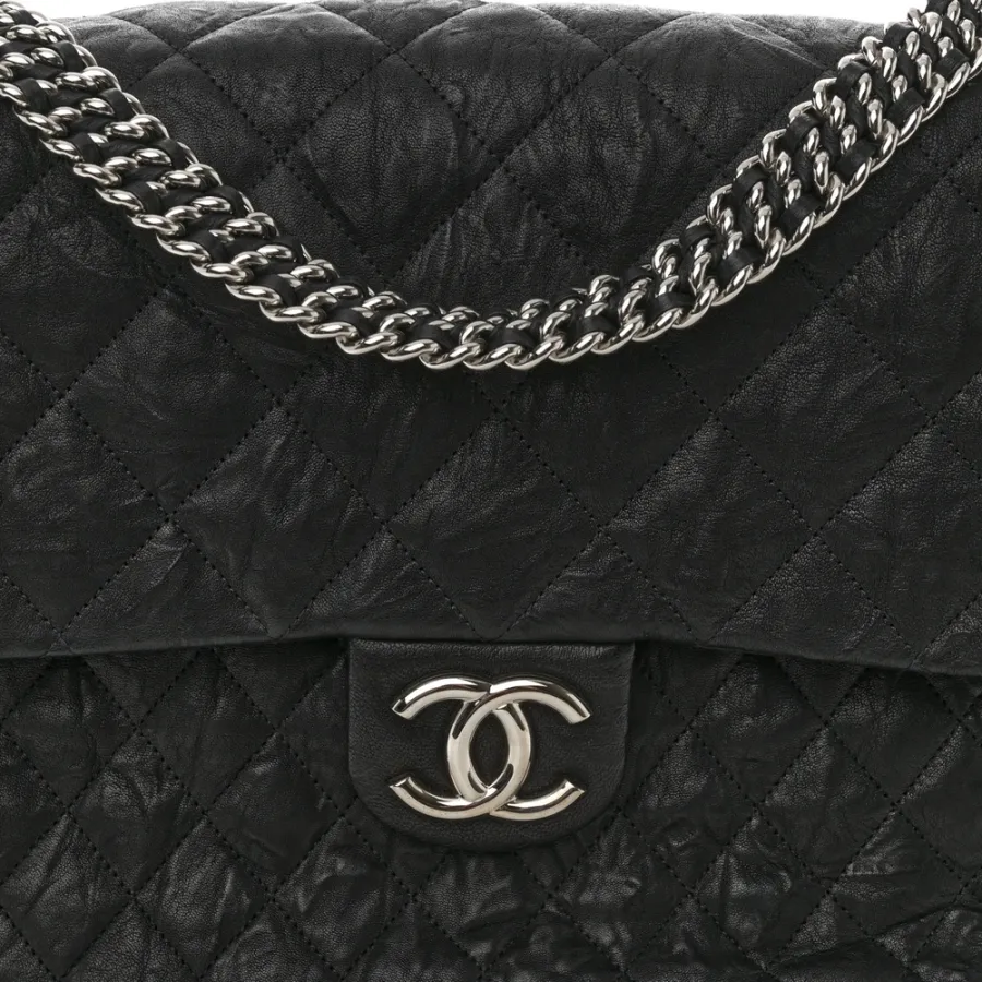 Chanel Chain Around Flap Maxi Black Quilted Washed Lambskin Leather Silver Hardware