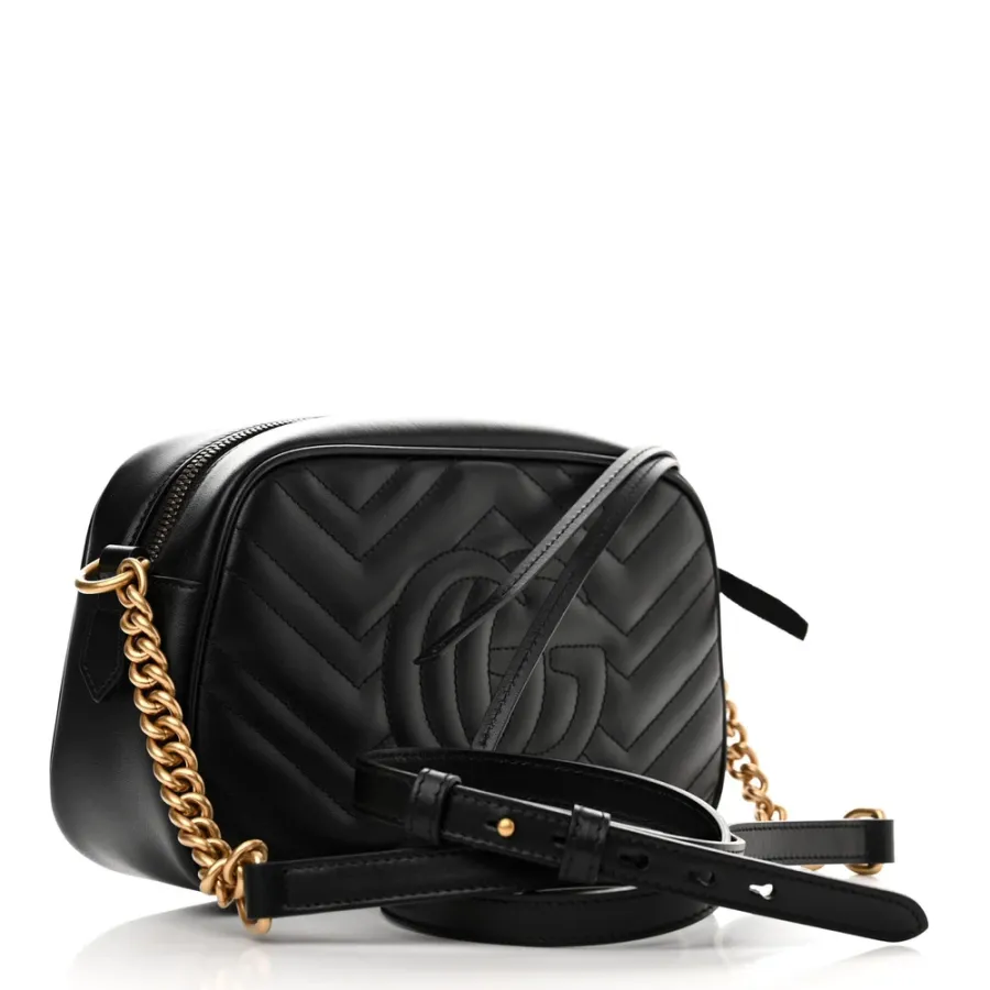 Gucci Small GG Marmont Chain Shoulder Bag Black Calfskin Matelassé Leather Gold Hardware
