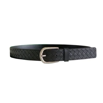 Bottega Veneta Men's Semicircle Buckle Intrecciato Belt In Black Calfskin With Matte Gun Black/Silver/Gold Hardware 35mm