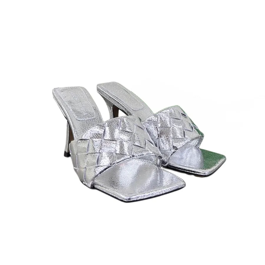 Bottega Veneta Parco Mule In Silver Intrecciato Leather Mule (Heel Height 9cm)