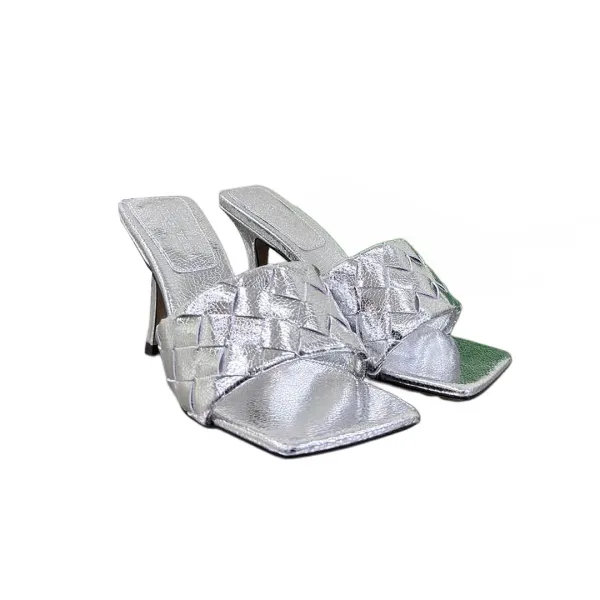Bottega Veneta Parco Mule In Silver Intrecciato Leather Mule (Heel Height 9cm) - Image 2