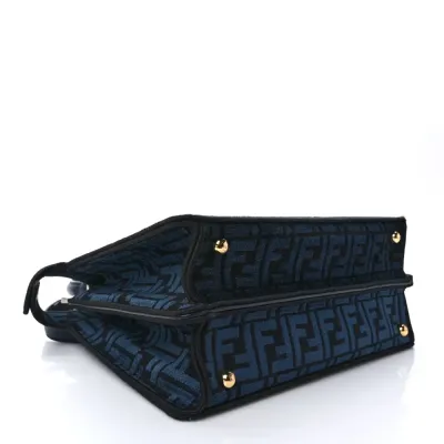 Fendi Medium FF Peekaboo I SEE U Satchel Blue/Black Chenille & Vitello Seta Leather Gold Hardware