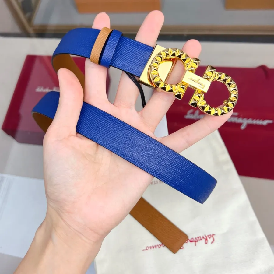 Ferragamo Women's Double Gancini Reversible Belt In Blue/Pink/Red/Purple/Black/Brown/White/Navy Blue Calfskin With Gold/Silver Hardware 25mm