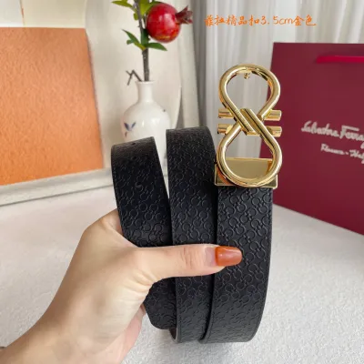 Ferragamo Men's Double Buckle Reversible Belt In Black/Coffee Gancini Monogram Calfskin With Gold/Silver/Gun Black Hardware 35mm