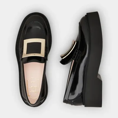 Roger Vivier Viv' Rangers Loafers In Black Patent Leather With Metal Buckle (Heel Height 5.5cm)