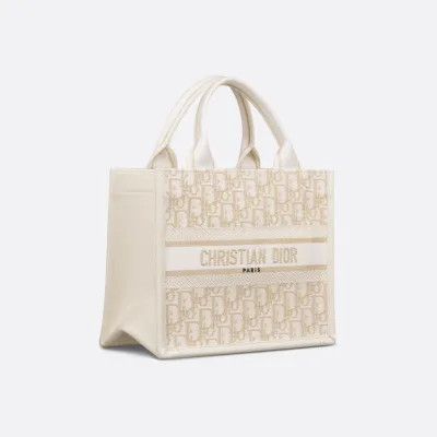 Dior Small Dior Book Tote In Natural Dior Oblique Embroidery And Calfskin Gold Hardware