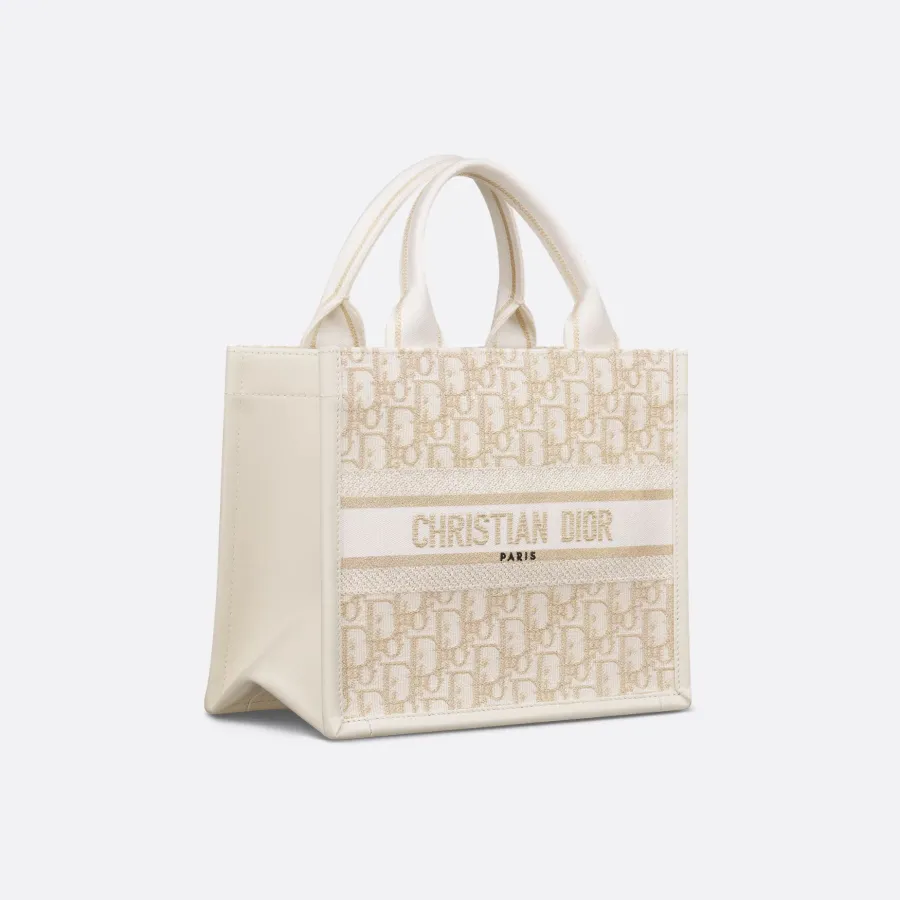 Dior Small Dior Book Tote In Natural Dior Oblique Embroidery And Calfskin Gold Hardware