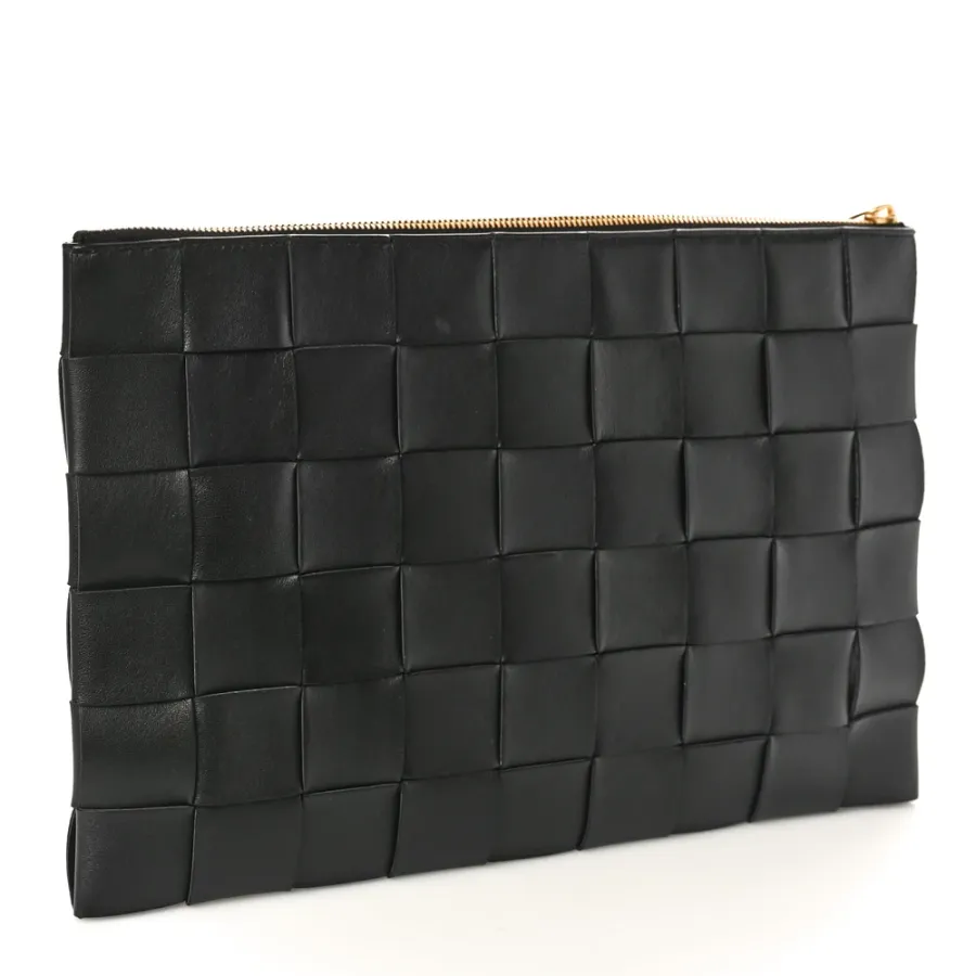 Bottega Veneta Maxi Intrecciato Large Cassette Flat Zip Pouch Black Nappa Leather