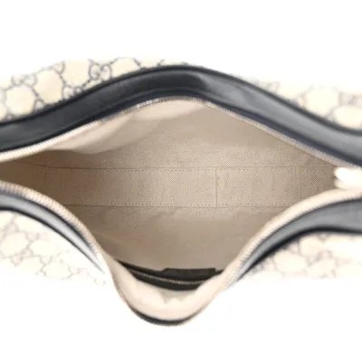 Gucci Large Web Attache Shoulder Bag Beige/Blue GG Supreme Monogram Canvas & Textured Calfskin Leather Silver Hardware