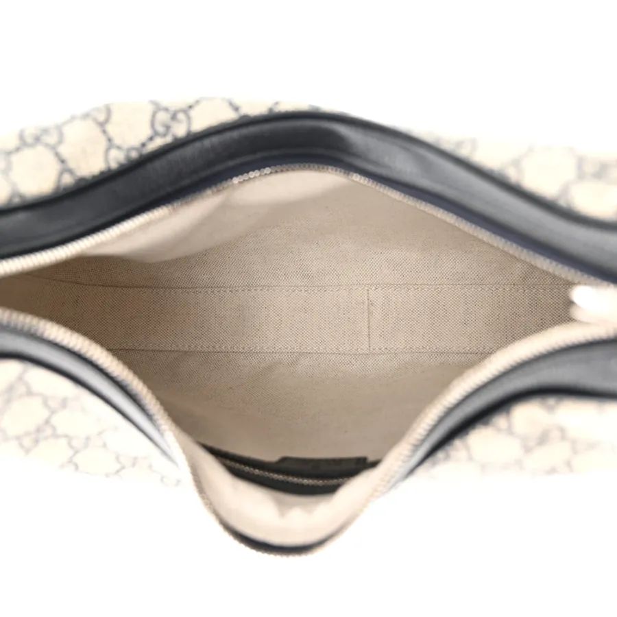 Gucci Large Web Attache Shoulder Bag Beige/Blue GG Supreme Monogram Canvas & Textured Calfskin Leather Silver Hardware