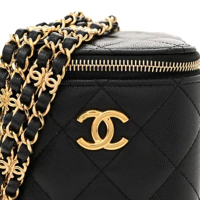 Chanel Vertical Vanity Case With Chain Small Black Quilted Caviar Leather Gold Hardware