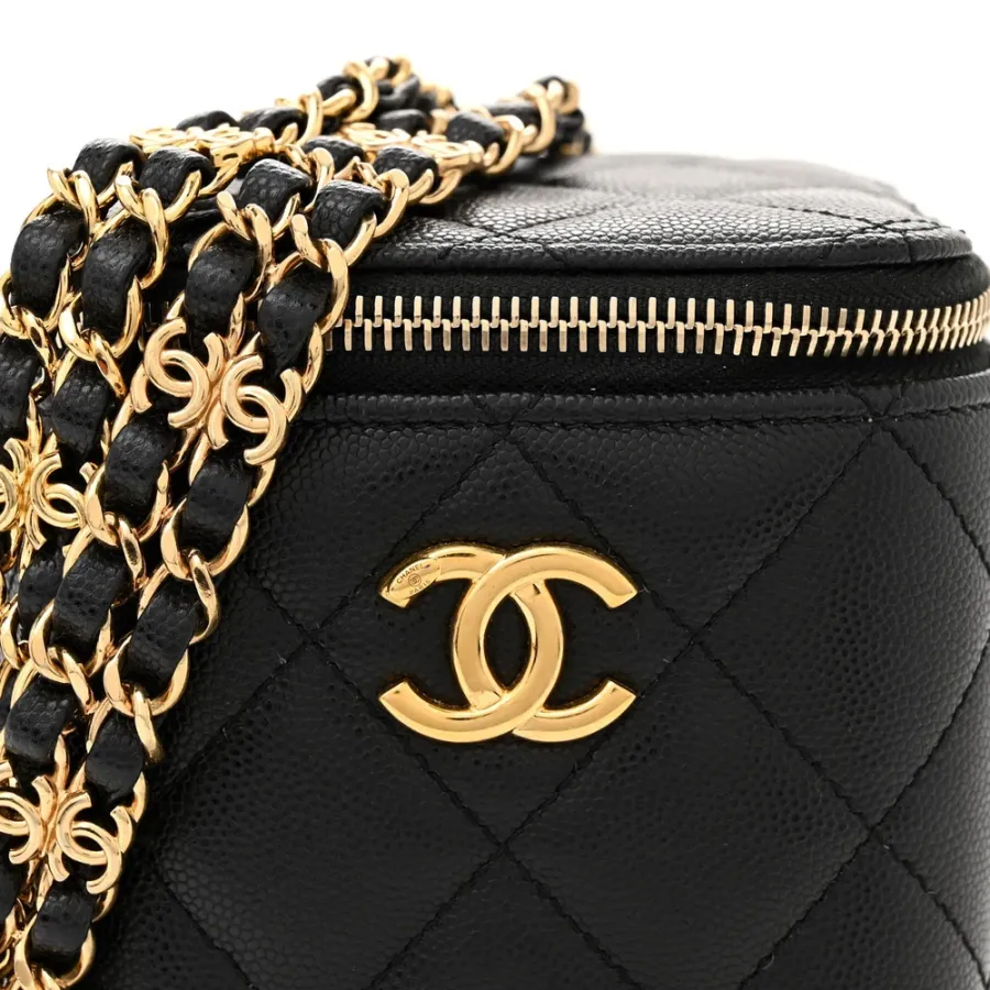 Chanel Vertical Vanity Case With Chain Small Black Quilted Caviar Leather Gold Hardware