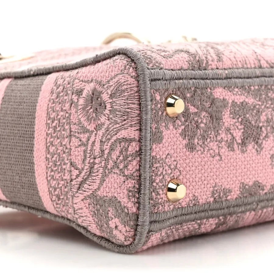 Dior Mini Toile De Jouy Lady D-Lite Grey/Pink Embroidered Canvas Gold Hardware