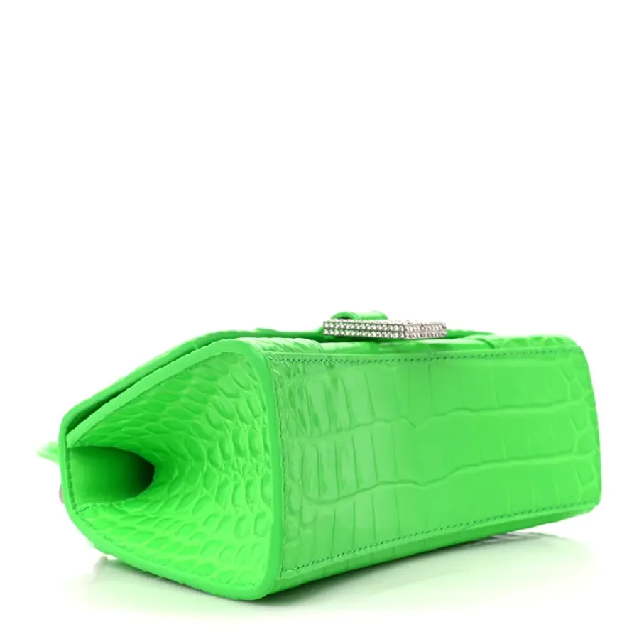 Balenciaga XS Hourglass Top Handle Bag Fluo Green Strass Crocodile Embossed Shiny Calfskin Leather Silver Hardware