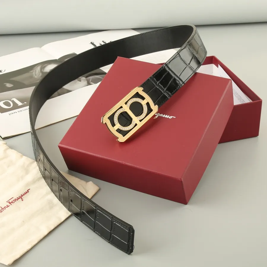 Ferragamo Men's Square Buckle With Crystal Belt In Black Crocodile-Embossed Calfskin With Gold/Silver Hardware 38mm