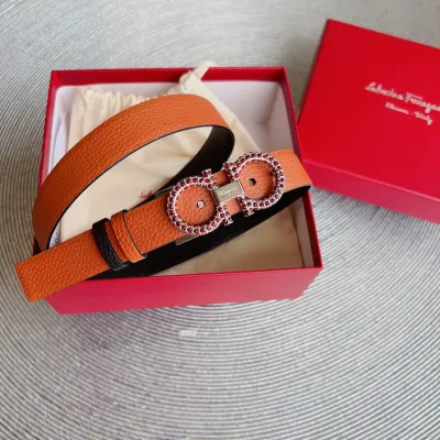 Ferragamo Women's Double Gancini Buckle With Crystals Adjustable Belt In Red/Brown/Green/Pink/Black/White/Burgundy/Khaki/Celery Grained Calfskin With Gold/Silver Hardware 25mm