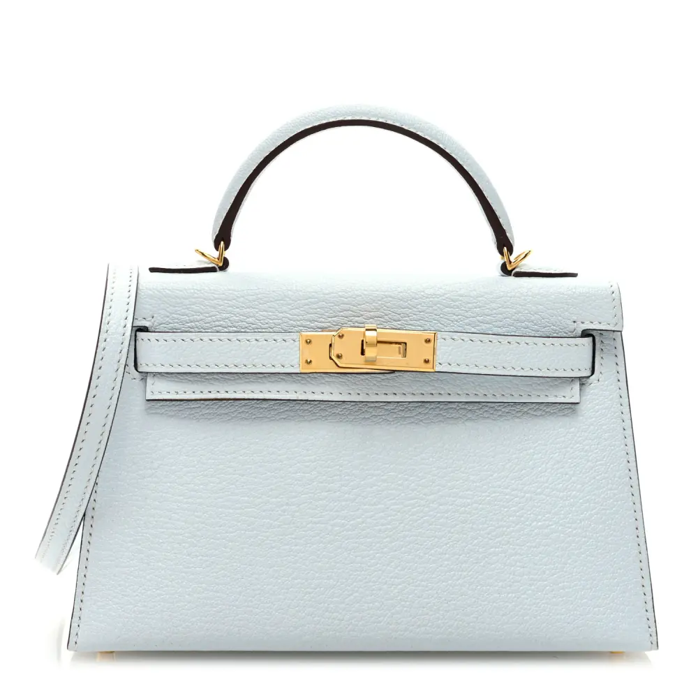 Hermès Mini Kelly Sellier 20 Azul Névoa Couro de Cabra Mysore Ferragens Permabrass