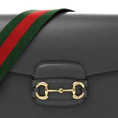 Gucci Small Web Horsebit 1955 Shoulder Bag Graphite Grey Azalea Calfskin Leather Gold Hardware