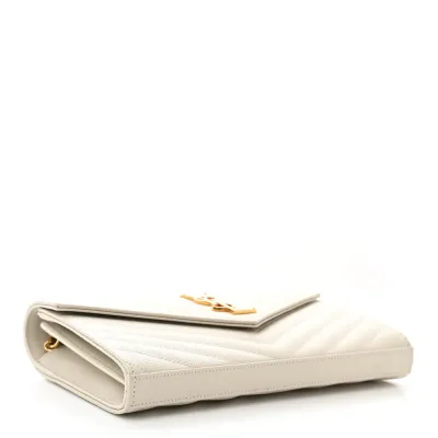 Saint Laurent Small Chain Wallet Crema Soft Chevron Monogram Grain De Poudre Matelasse Leather Gold Hardware