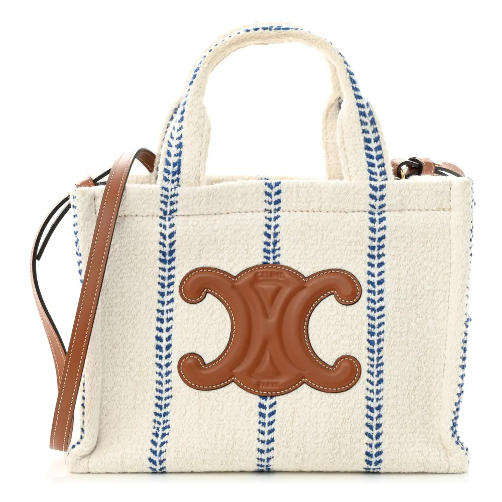 Celine Small Cabas Thais Bolsa Tote Branco/Azul Canvas e Couro Bezerro Listrado