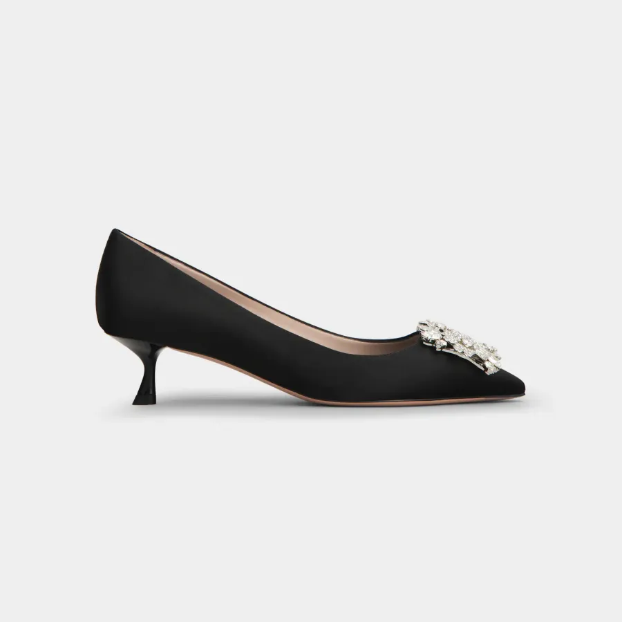 Roger Vivier Efflorescence Pumps High Heels In Black Satin With Crystal Buckle (Heel Height 4.5cm)