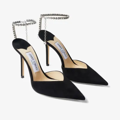 JIMMY CHOO Crystal embellished black suede heels pointy stiletto heels