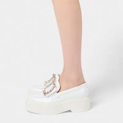 Roger Vivier Viv' Rangers Loafers In White Patent Leather With Crystal Buckle (Heel Height 5.5cm)